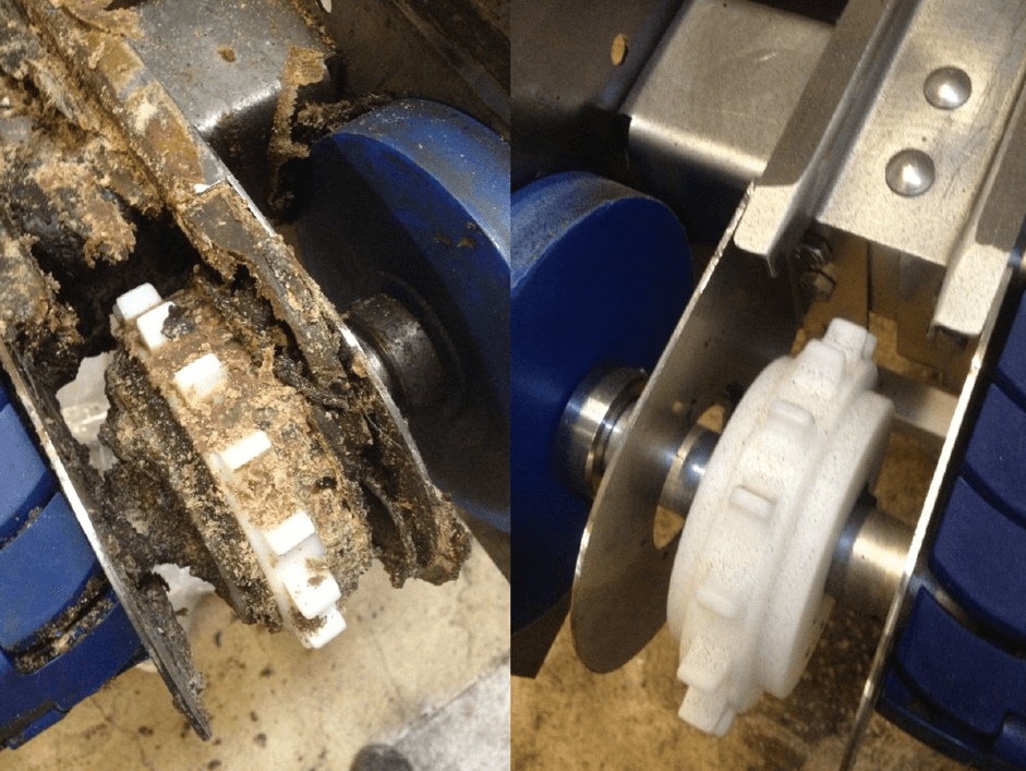 Label glue and adhesive residue being removed on a packaging line