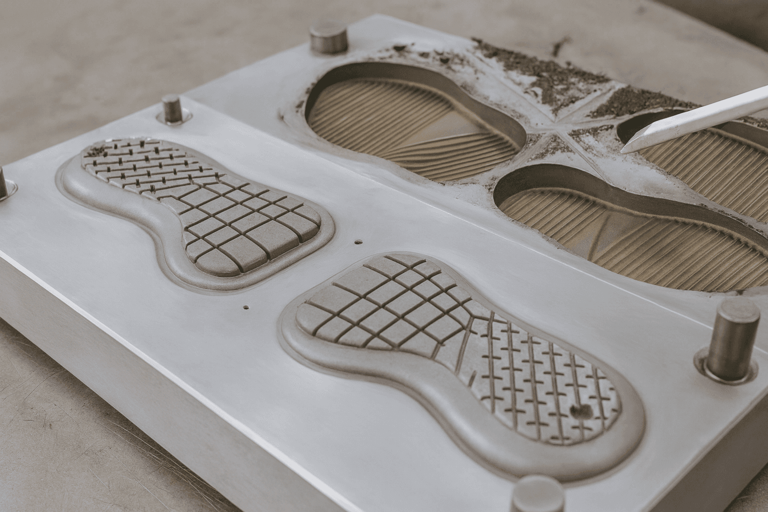 Operator performing in-place dry-ice cleaning on a footwear mold